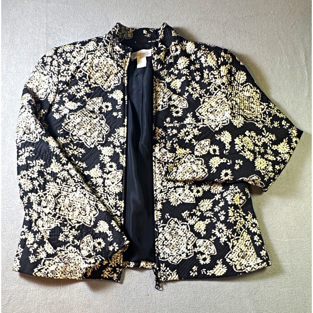 Marshall Field's Womens Black/Ivory Floral Quilted Lined Zip Jacket 14